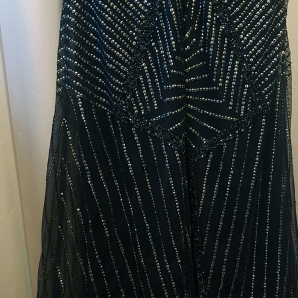 Anthropologie AIDAN MATTOX Navy Sheer Silver Sequin Maxi Gown 6 - Picture 8 of 11